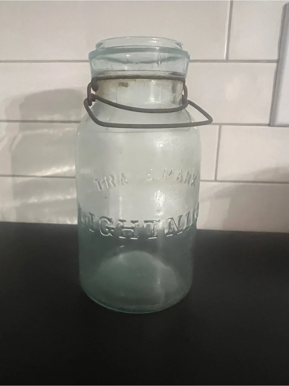 Antique Putnam Aqua Glass Lightning Jar with Wire Bail Late 1800’s